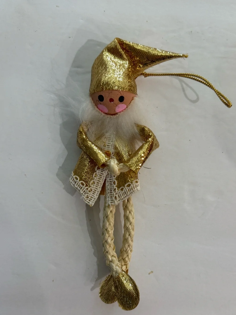 Vintage JAPAN Pixie Elf Christmas Ornament Gold 7 In